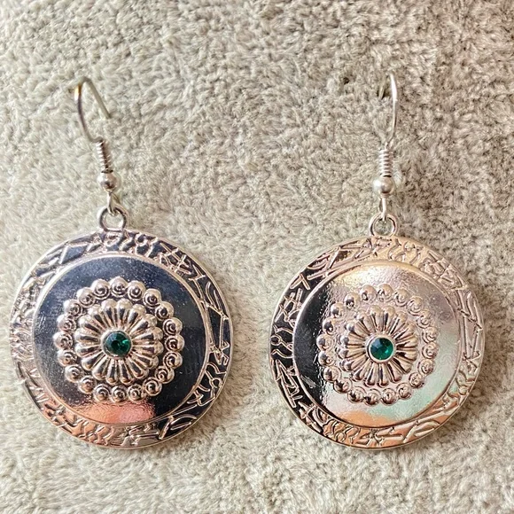 Silver Green Stone Fish Hook Earrings - Picture 1 of 6